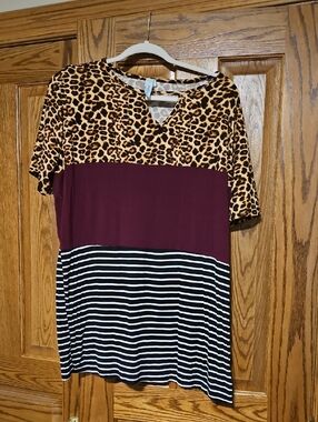 Leopard Print Colorblock Midi Dress in Burgundy and Black/White